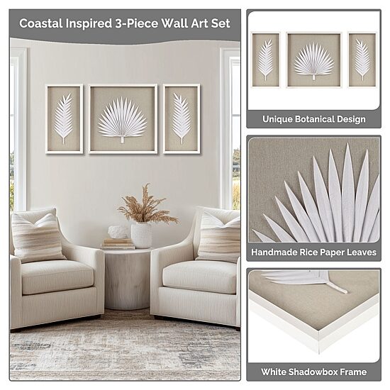 Madison Park Sabal Palm Rice Paper Shadow Box 3-pc. Wall Art Set
