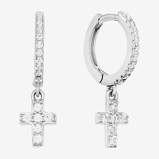Silver Treasures Womens Cubic Zirconia Sterling Silver Cross Drop Earrings