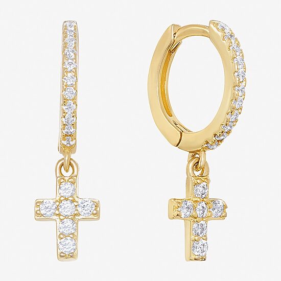 Silver Treasures Womens Cubic Zirconia 14K Gold Over Silver Cross Drop Earrings