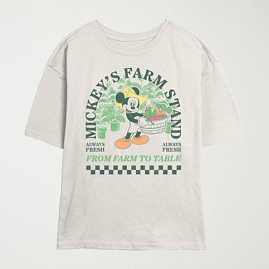 Disney Mickey Mouse Farm Stand Tee Womens Juniors Crew Neck Short Sleeve Regular Fit Mickey Mouse Graphic T-Shirt