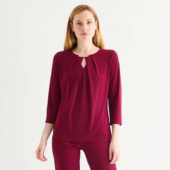 Liz Claiborne Womens Keyhole Neck 3/4 Sleeve Blouse