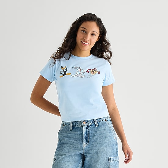 Looney Toons Baby Tee Womens Juniors Crew Neck Short Sleeve Fitted Looney Tunes Graphic T-Shirt