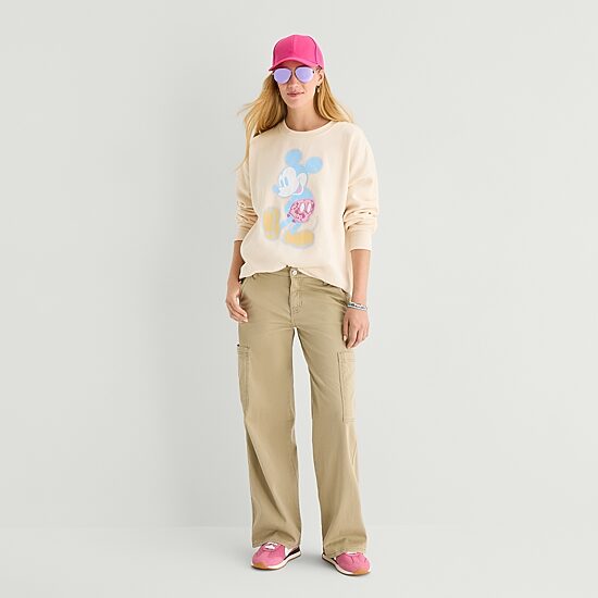 Womens Juniors Crew Neck Long Sleeve Embroidered Mickey Mouse Sweatshirt