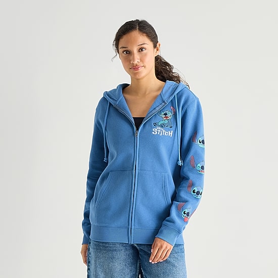 Stitch Cosplay Full Zip Womens Juniors Long Sleeve Embroidered Fleece Zipper Hoodie