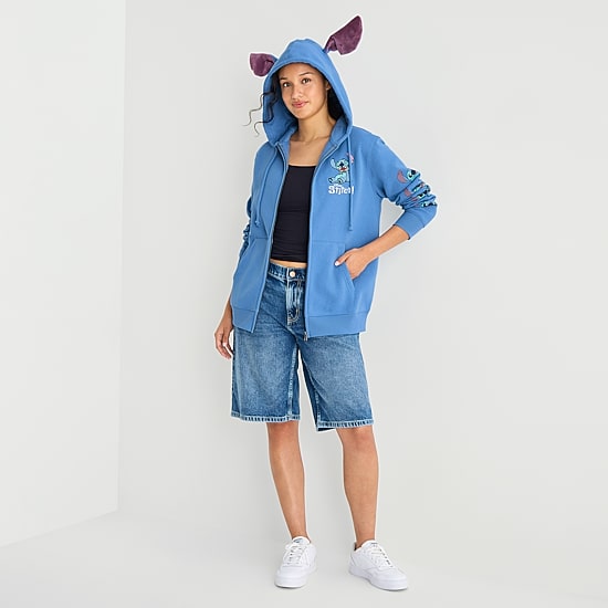 Stitch Cosplay Full Zip Womens Juniors Long Sleeve Embroidered Fleece Zipper Hoodie