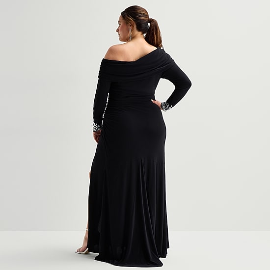 Premier Amour Womens Plus Asymmetrical Neck Long Sleeve Fitted Evening Gown