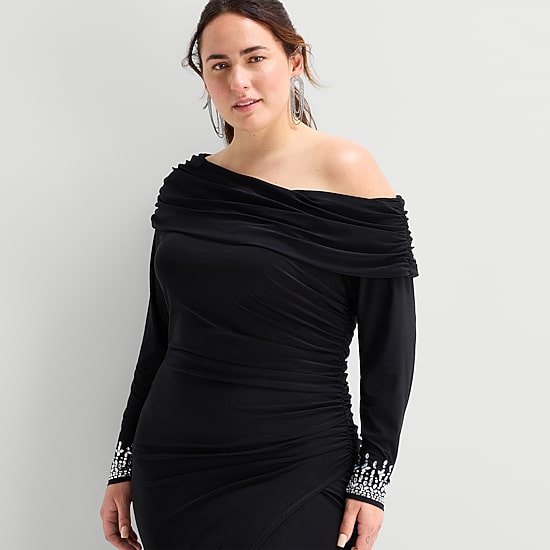 Premier Amour Womens Plus Asymmetrical Neck Long Sleeve Fitted Evening Gown