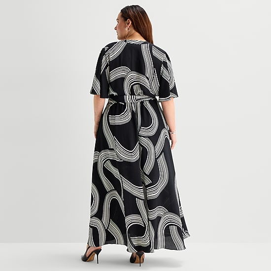 Premier Amour Womens Plus V Neck Short Sleeve Flutter Maxi Dress