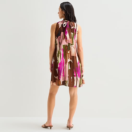 Isabel & Nina Womens Split Tie Neck Sleeveless Abstract Shift Dress