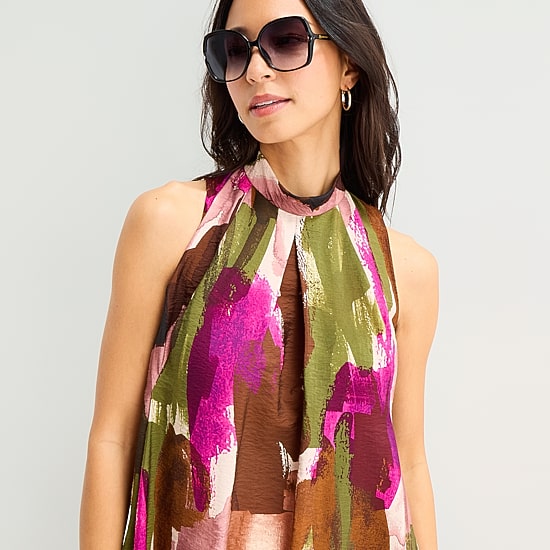 Isabel & Nina Womens Split Tie Neck Sleeveless Abstract Shift Dress