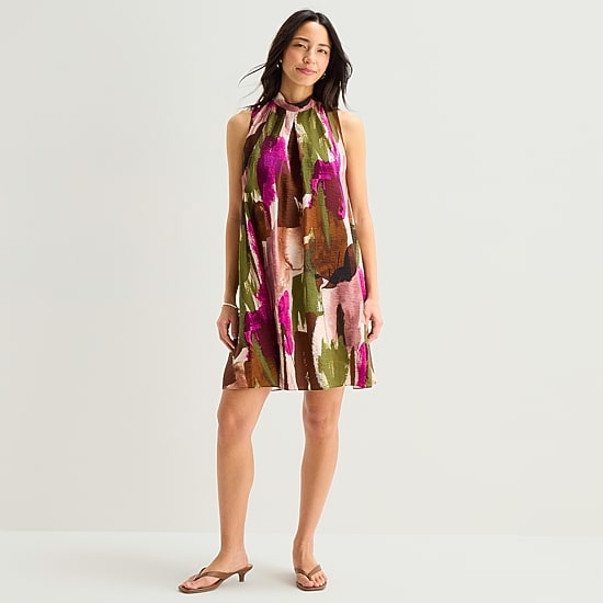 Isabel & Nina Womens Split Tie Neck Sleeveless Abstract Shift Dress