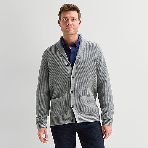 St. John's Bay Shawl Collar Mens Long Sleeve Button Cardigan In Gray