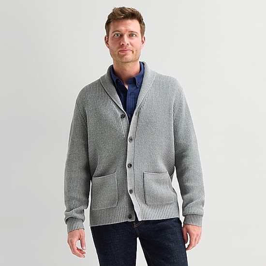 St. John's Bay Shawl Collar Mens Long Sleeve Button Cardigan