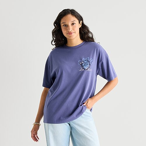 Arizona Womens Juniors Round Neck Short Sleeve Oversized Graphic T-Shirt, Xx-large, Purple
