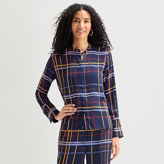 Liz Claiborne Womens Round Neck Cuffed Long Sleeve Regular Fit Button-Down Shirt
