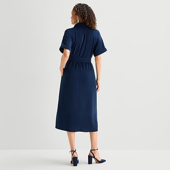 Liz Claiborne Womens Short Sleeve Midi Shirt Dress