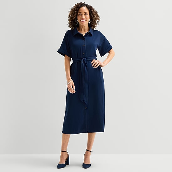 Liz Claiborne Womens Short Sleeve Midi Shirt Dress