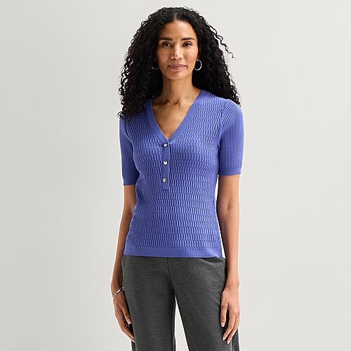 Liz Claiborne Womens Henley Neck Short Sleeve Pullover Sweater In Blue