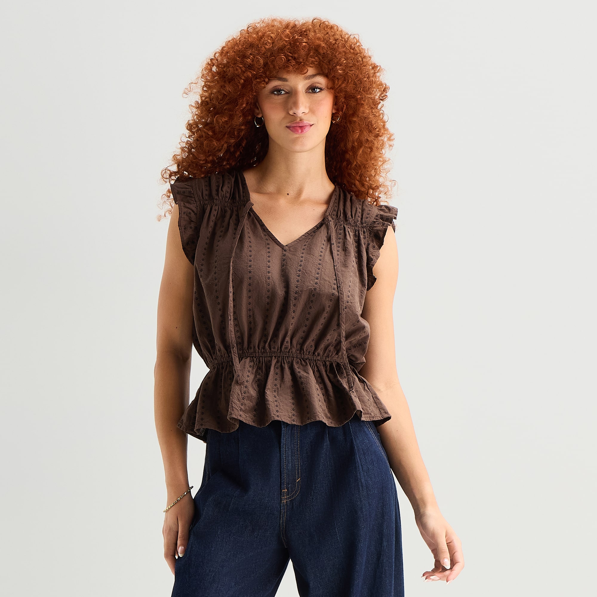 a.n.a Womens Split Tie Neck Sleeveless Peplum Top