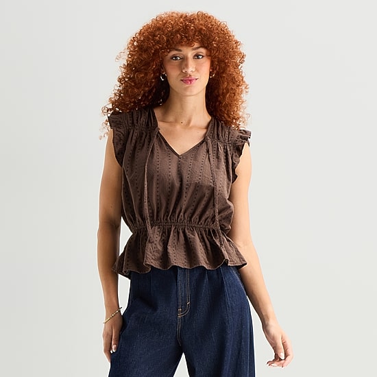 A.N.A Womens Split Tie Neck Sleeveless Peplum Top