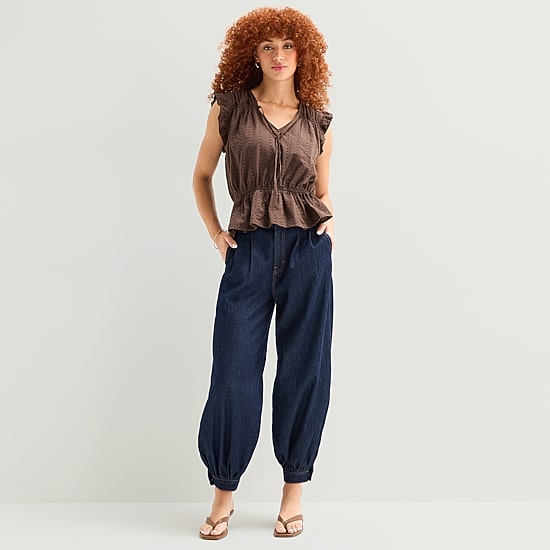 A.N.A Womens Split Tie Neck Sleeveless Peplum Top
