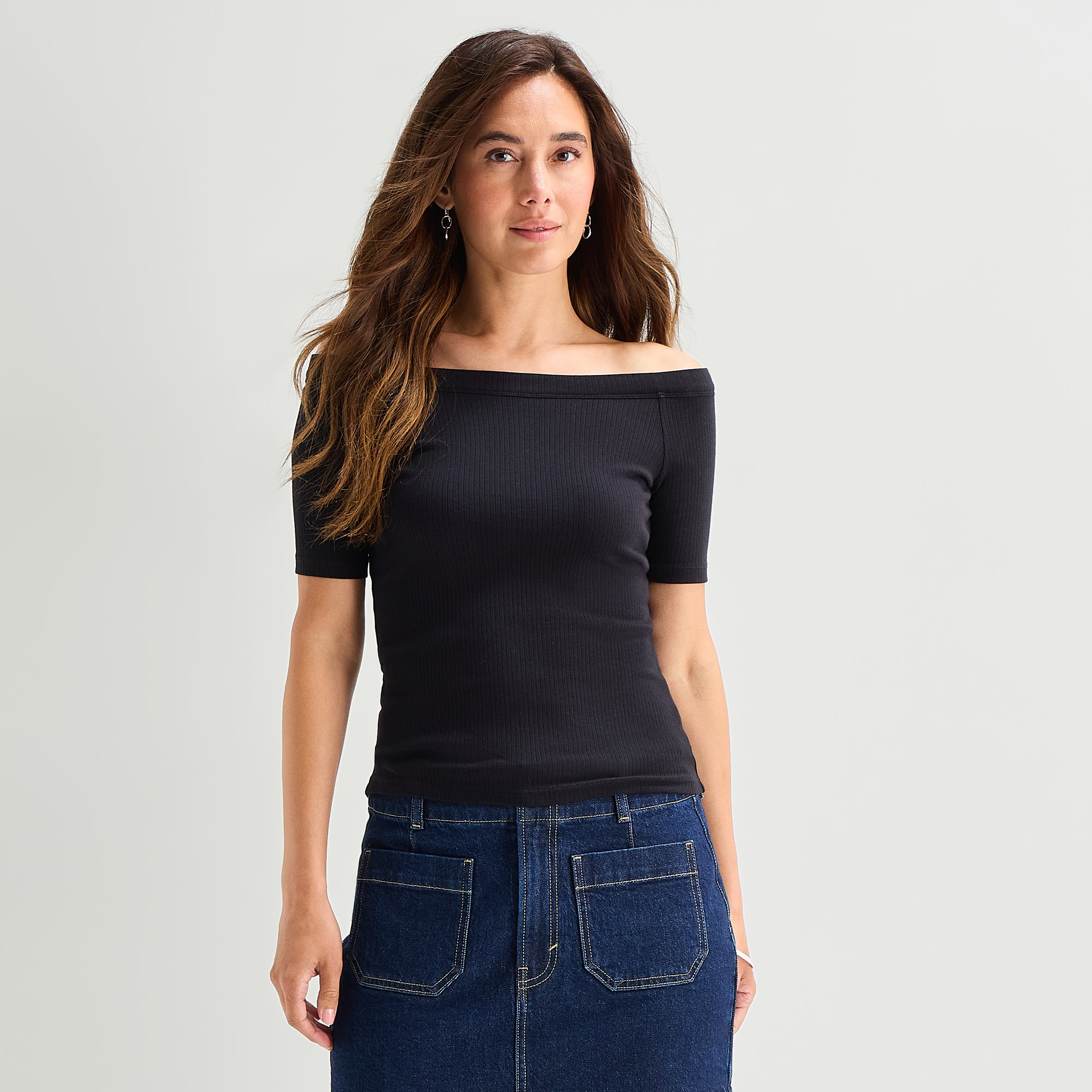 a.n.a Ribbed Off The Shoulder Womens Straight Neck Short Sleeve Blouse