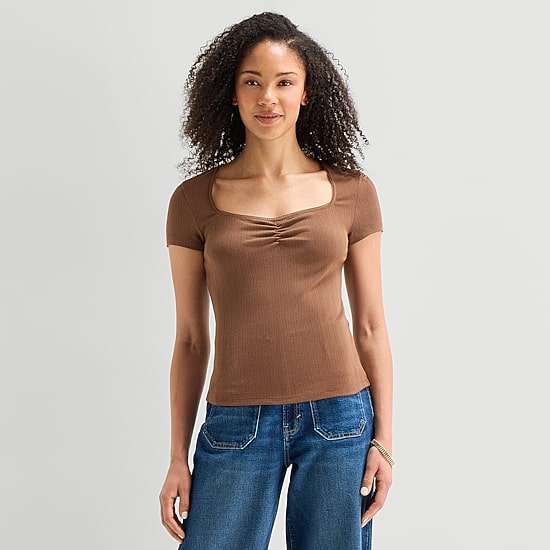 a.n.a Pointelle Womens Sweetheart Neck Short Sleeve T-Shirt