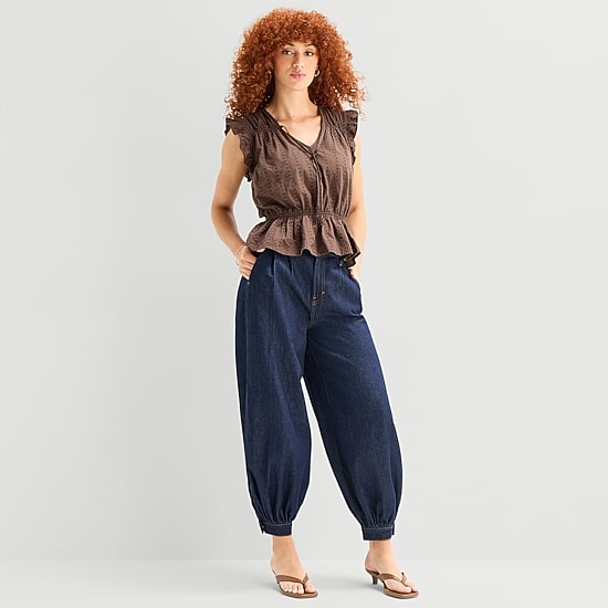 a.n.a Womens High Rise Denim Pleated Balloon Trouser