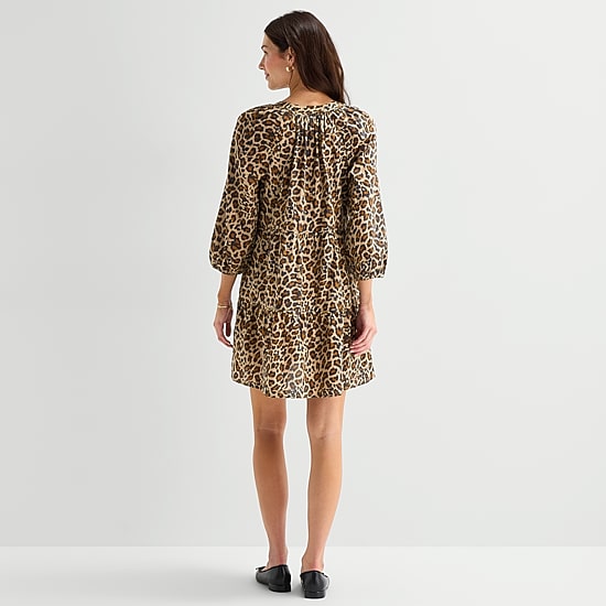 St. John's Bay Womens Split Crew Neck Long Sleeve Animal A-Line Dress