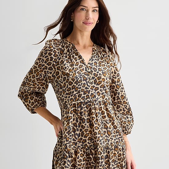 St. John's Bay Womens Split Crew Neck Long Sleeve Animal A-Line Dress
