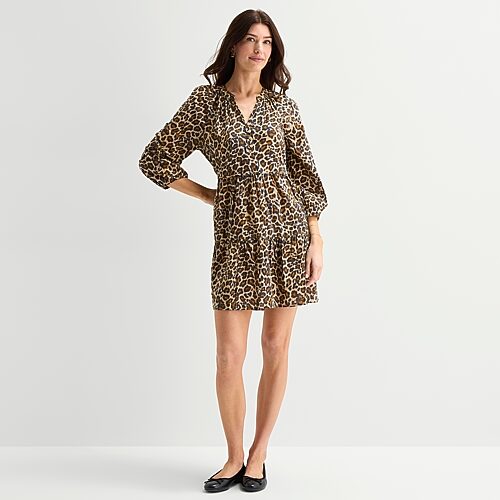 St. John's Bay Womens Split Crew Neck Long Sleeve Animal A-line Dress In Sand
