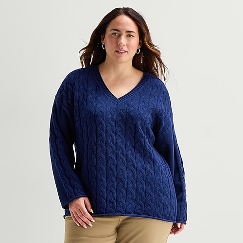 St. John's Bay Plus Womens V Neck Long Sleeve Pullover Sweater In Blue