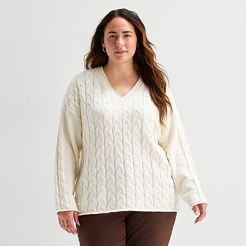 St. John's Bay Plus Womens V Neck Long Sleeve Pullover Sweater In White