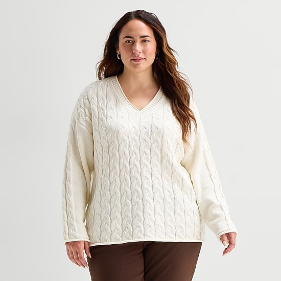 St. John's Bay Plus Womens V Neck Long Sleeve Pullover Sweater