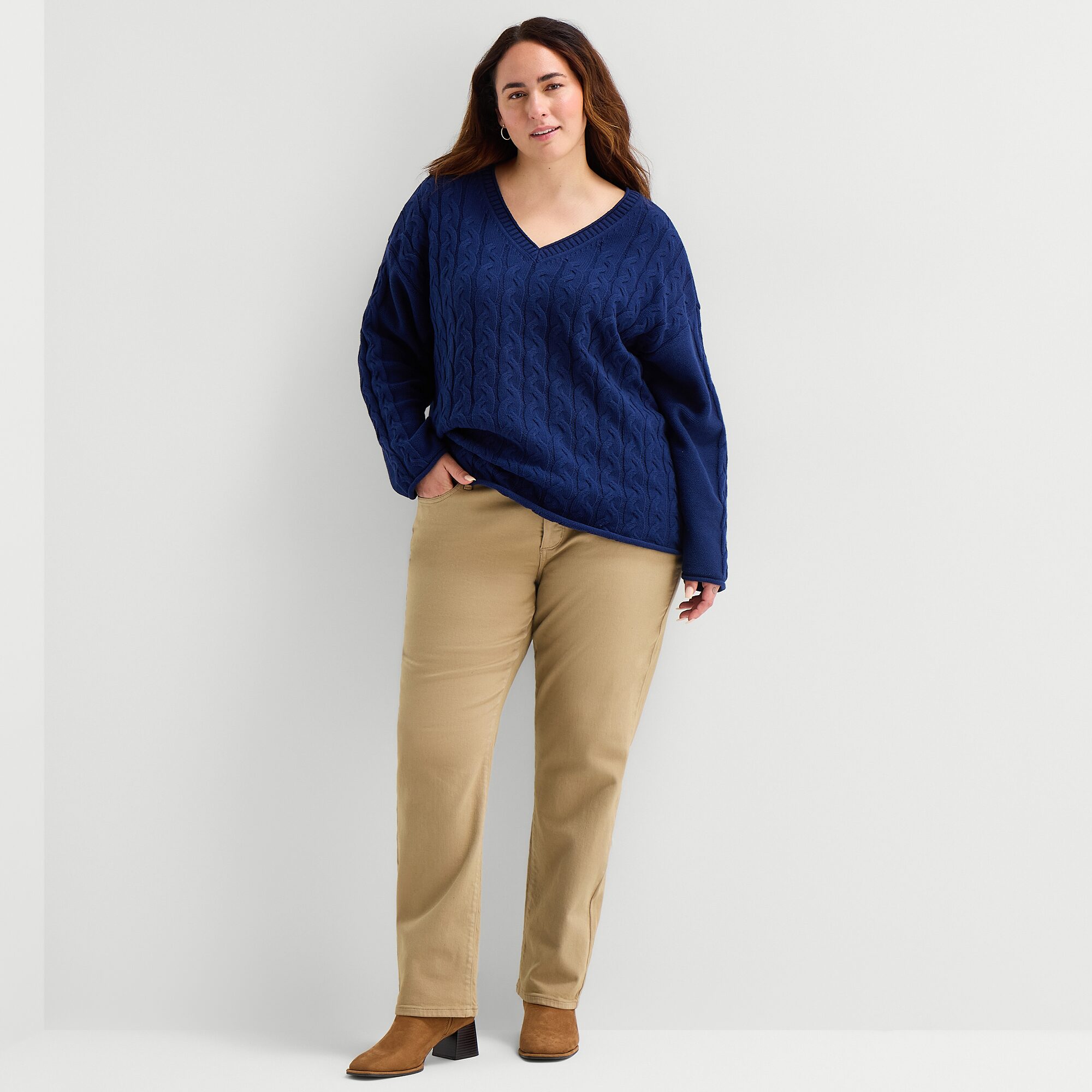 St. John's Bay Plus Womens V Neck Long Sleeve Pullover Sweater