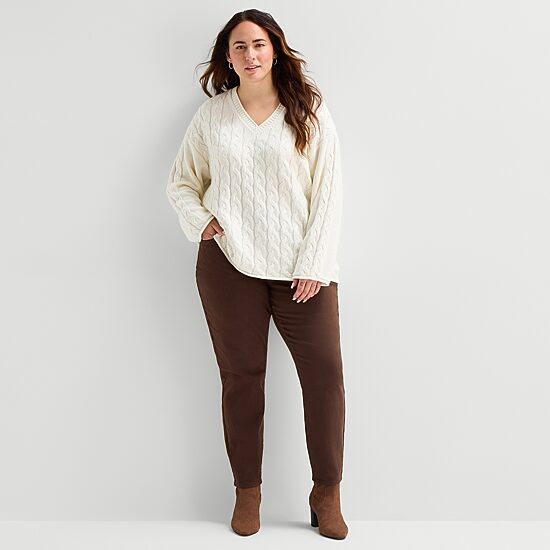 St. John's Bay Plus Womens V Neck Long Sleeve Pullover Sweater