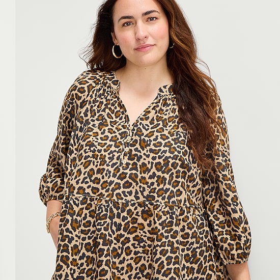 JCPenney 70s ドレスデン チュニック ブラウス St. John's Bay Womens Plus Split Crew Neck Long Sleeve Animal A