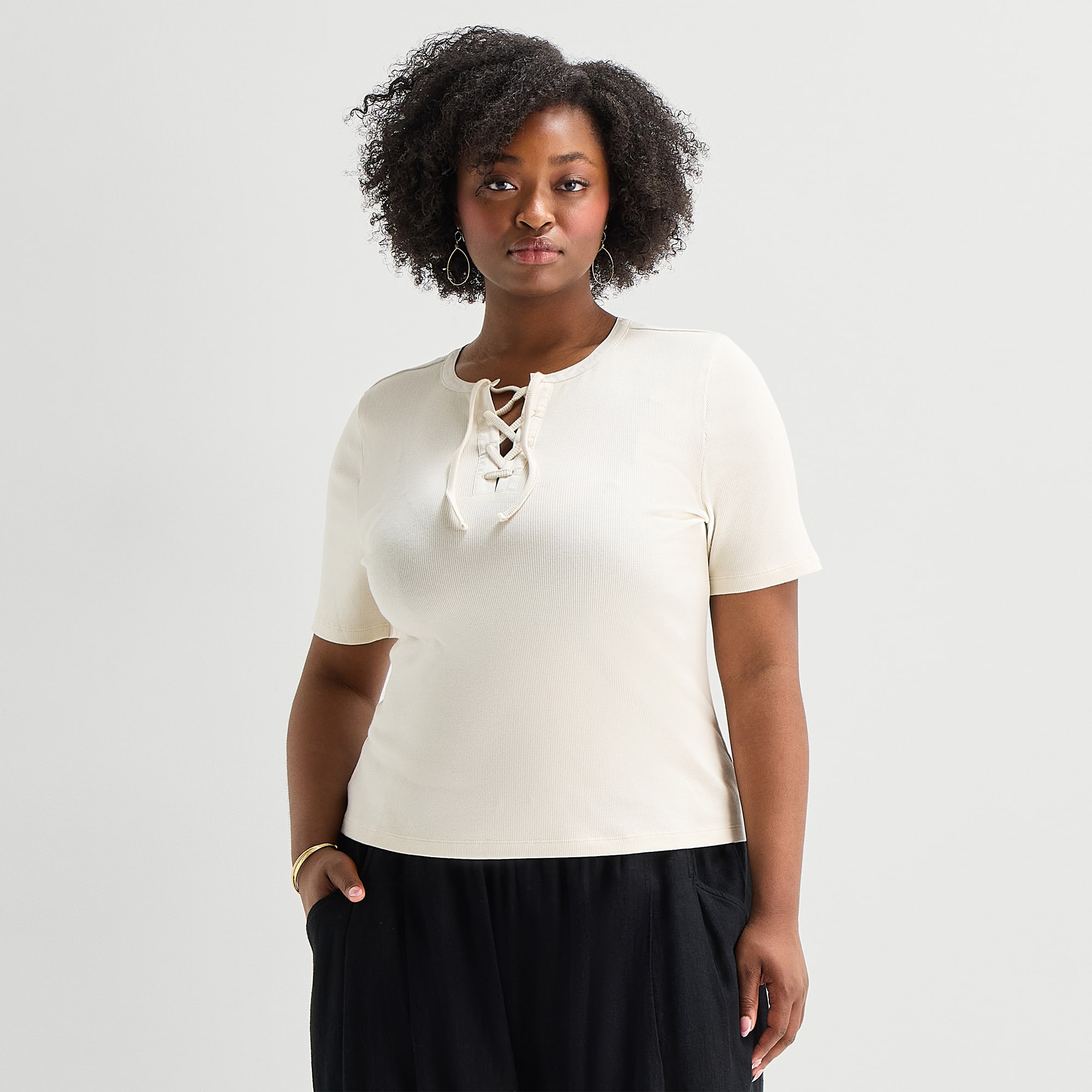 a.n.a Womens Plus Split Tie Neck Short Sleeve T-Shirt