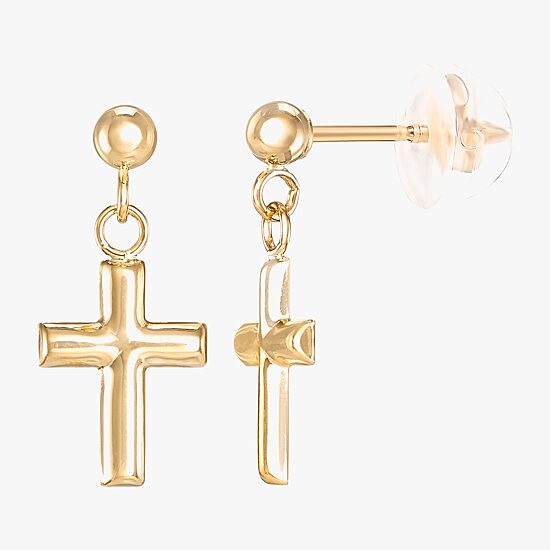 Girls 14K Gold Cross Drop Earrings
