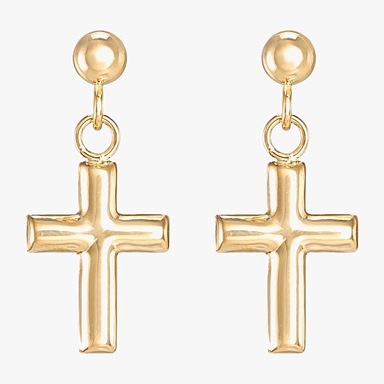 Girls 14K Gold Cross Drop Earrings
