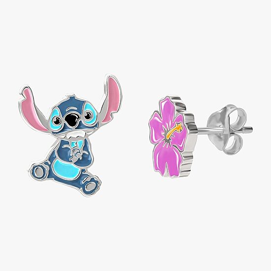 Disney Collection Sterling Silver 12.8mm Flower Lilo & Stitch Stud Earrings