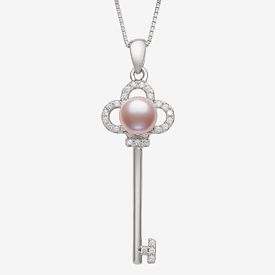Womens Pink Cultured Freshwater Pearl Sterling Silver Keys 18 Inch Pendant Necklace