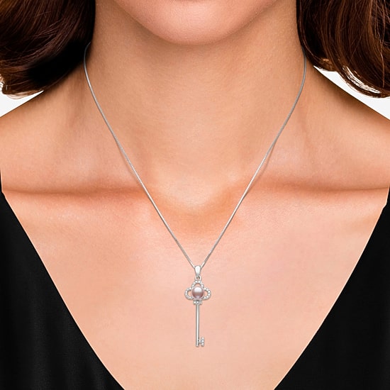 Womens Pink Cultured Freshwater Pearl Sterling Silver Keys 18 Inch Pendant Necklace