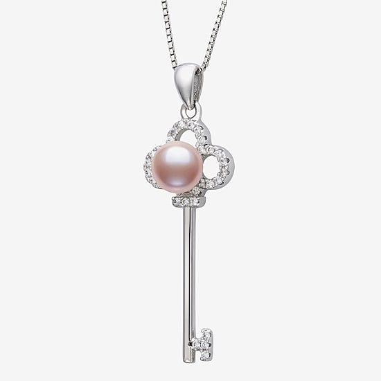 Womens Pink Cultured Freshwater Pearl Sterling Silver Keys 18 Inch Pendant Necklace