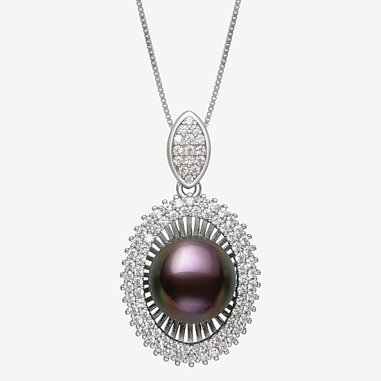 Womens Black Cultured Freshwater Pearl Sterling Silver Oval 18 Inch Pendant Necklace