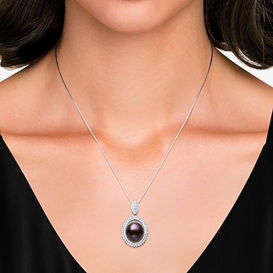 Womens Black Cultured Freshwater Pearl Sterling Silver Oval 18 Inch Pendant Necklace