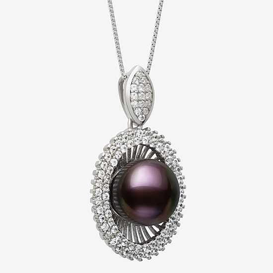 Womens Black Cultured Freshwater Pearl Sterling Silver Oval 18 Inch Pendant Necklace