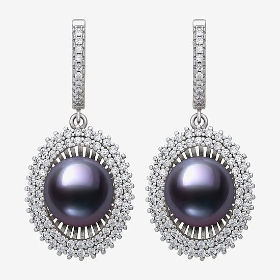 Womens Black Cultured Freshwater Pearl Sterling Silver Round Drop Earrings