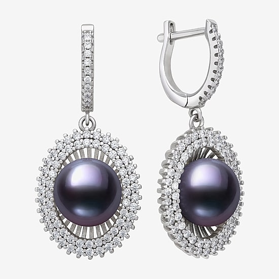 Womens Black Cultured Freshwater Pearl Sterling Silver Round Drop Earrings