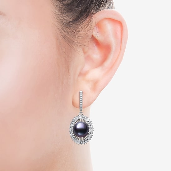 Womens Black Cultured Freshwater Pearl Sterling Silver Round Drop Earrings